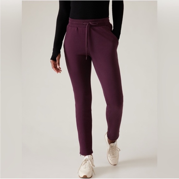 Athleta Cozy Karma Zip Brushed Fleece Sweatpants Cabernet Sz L Tall - Picture 1 of 15
